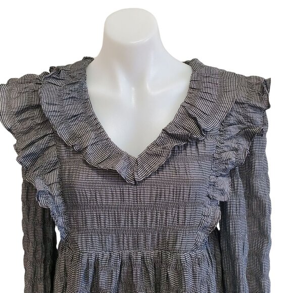 NWT Anthropology Moon River Black White Gingham Ruffled Long Sleeve Mini Dress S - Picture 2 of 13